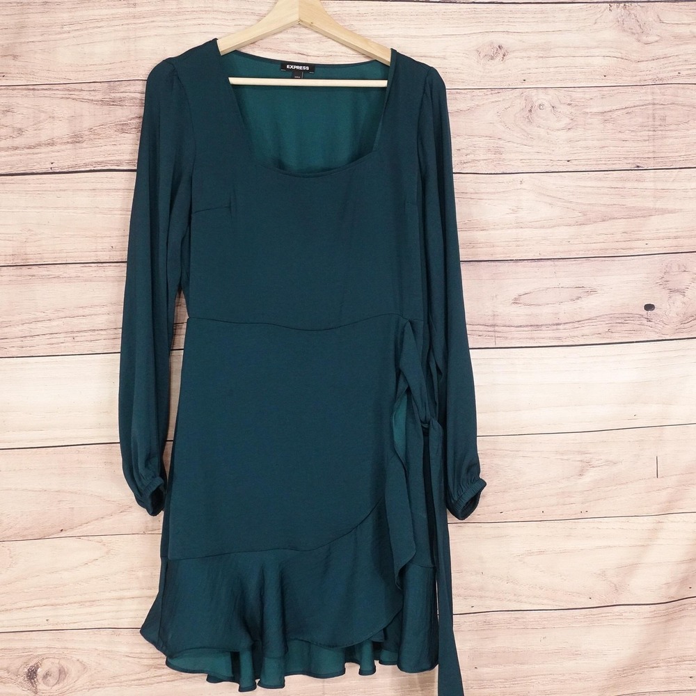 Express Dress Womens M Green Long Sleeve Wrap Ruffle Hem Belted Short Mini